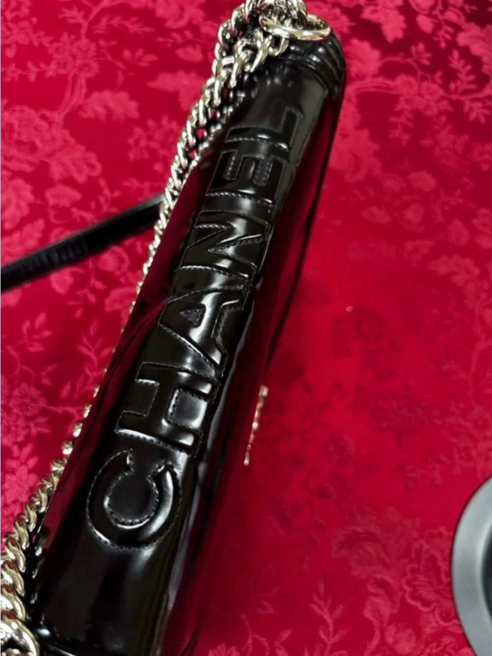 CHANEL Black Patent Leather Chain Shoulder Bag with silver hardware